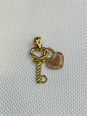 10K Two Tone Textured Gold Love Heart Lock and Key Pendant Necklace